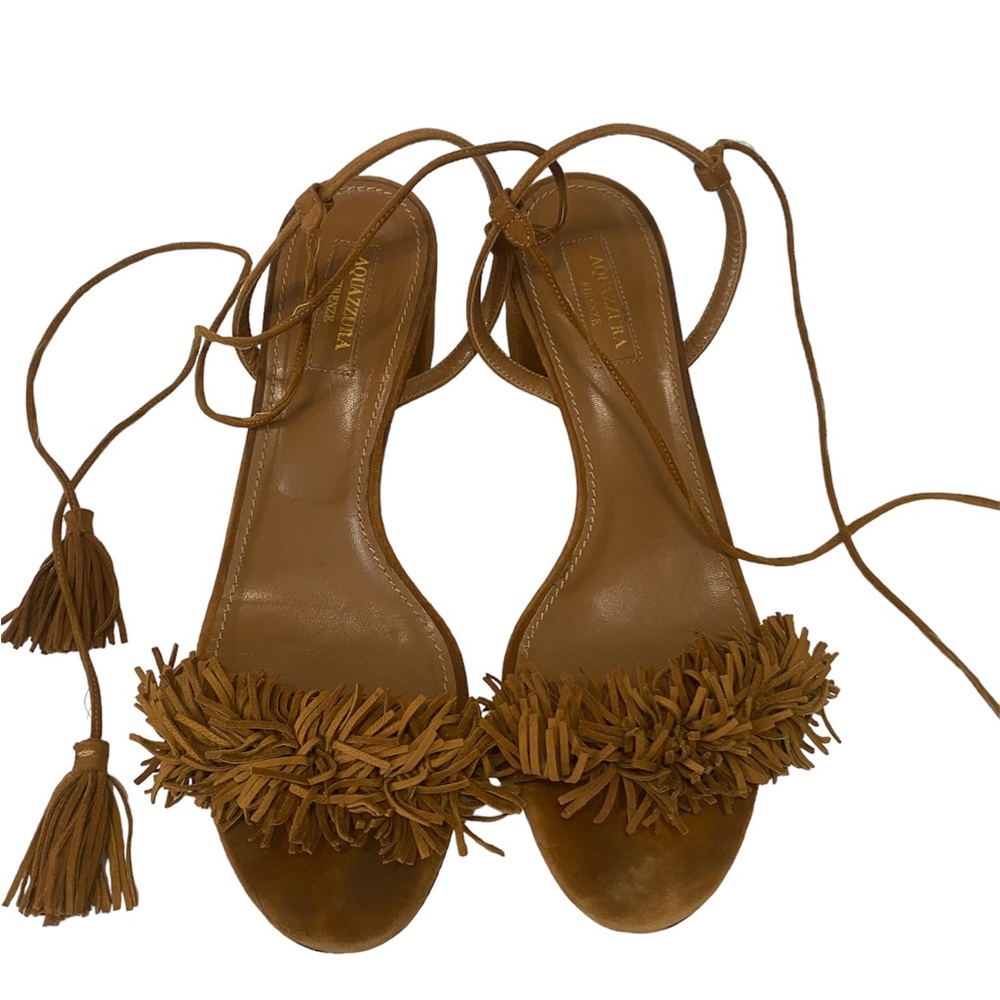 Aquazzura Brown Suede Fringe Trim Accent Sandals/Heels Size 38.5/US 8.5